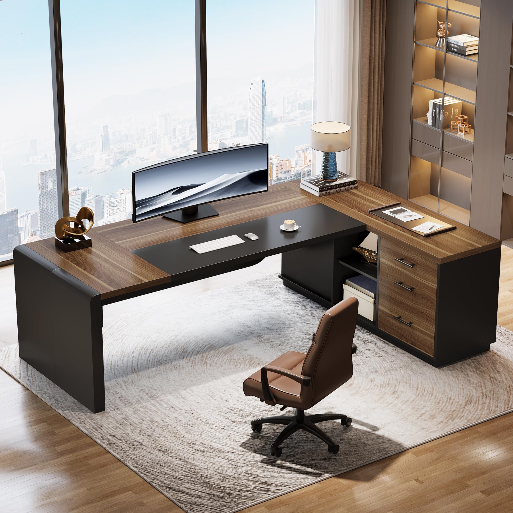 80" L-Shaped Executive Desk with Storage Cabinet