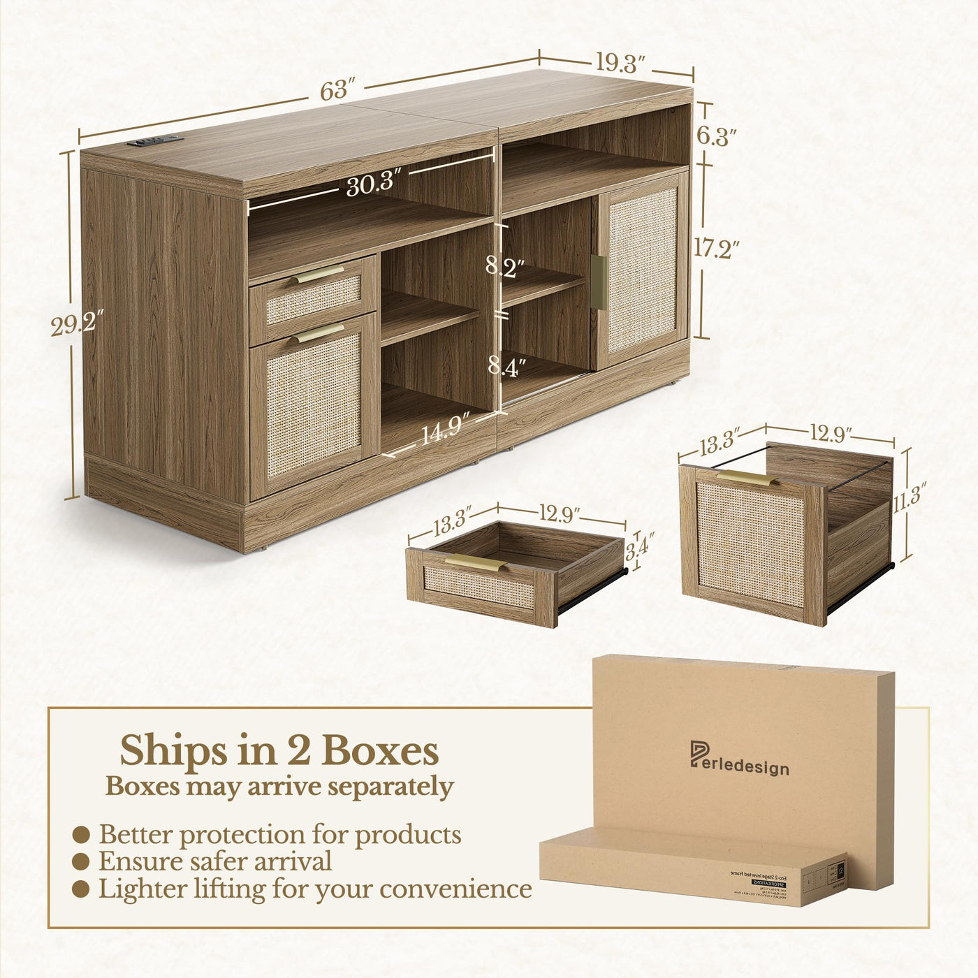 Perledesign 63'' Wood 2 Drawer Lateral File Cabinet with Lock, Fluted Filing Cabinet for Home Office with AC/USB, Adjustable Storage Shelves, Fits for Letter and A4 Size