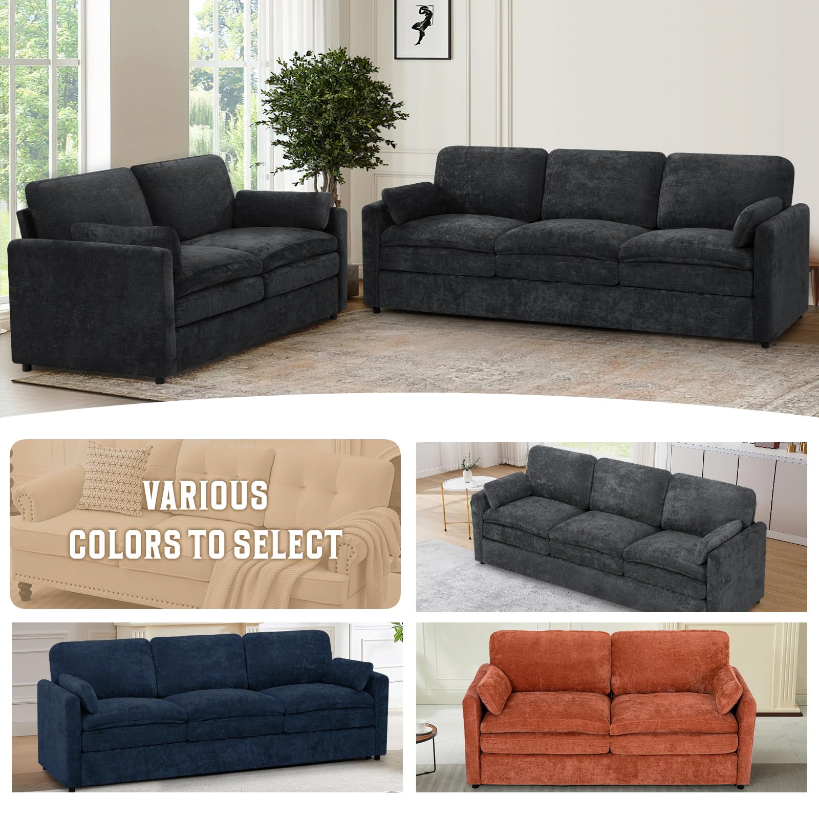 Lesofair Chenille Sofa Set with Thicker Cushions
