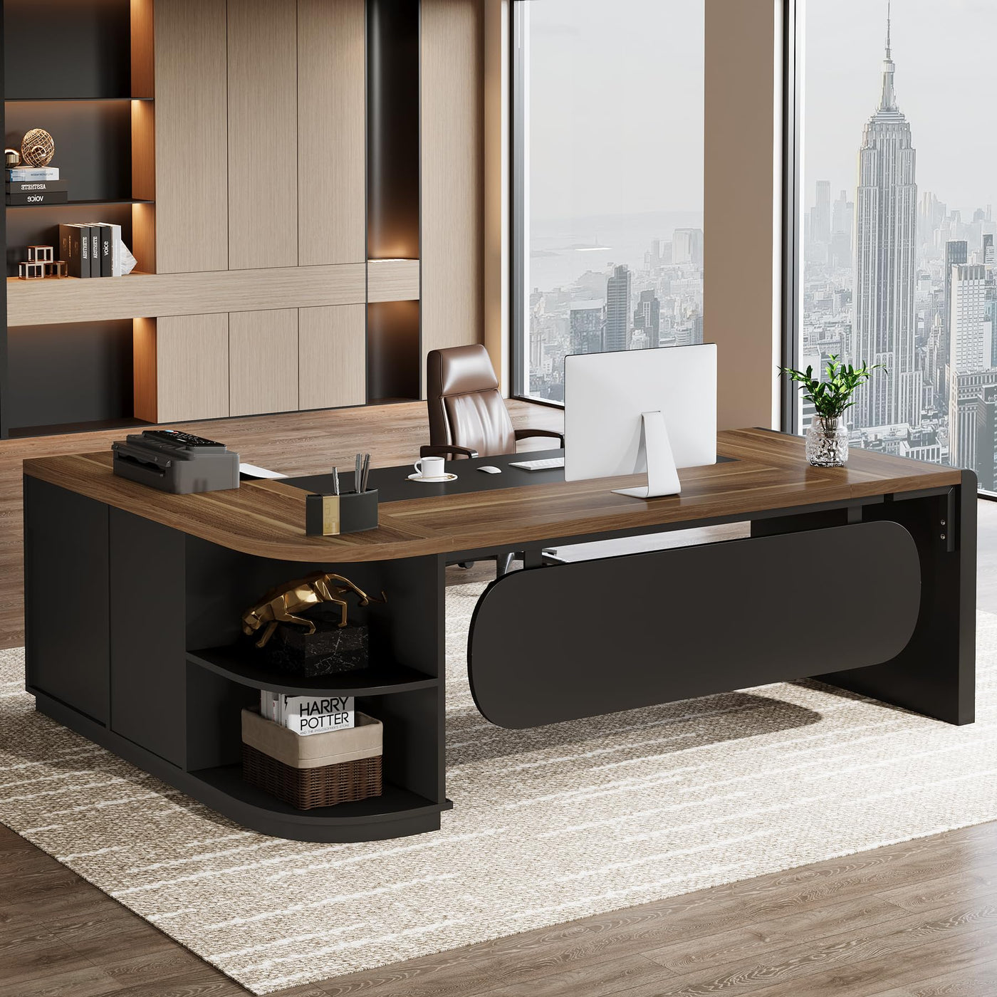 80" L-Shaped Executive Desk with Storage Cabinet