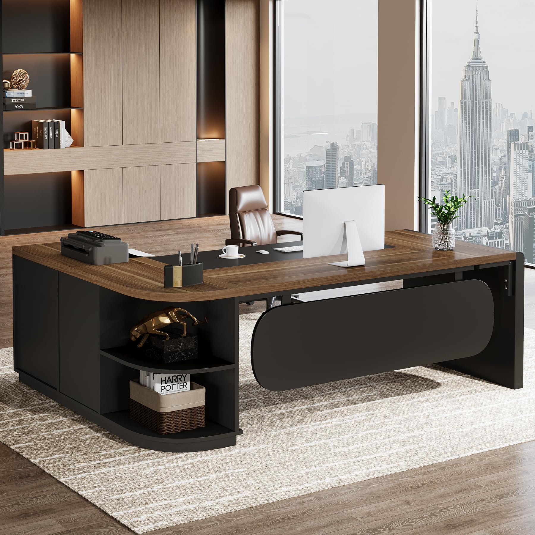 80" L-Shaped Executive Desk with Storage Cabinet