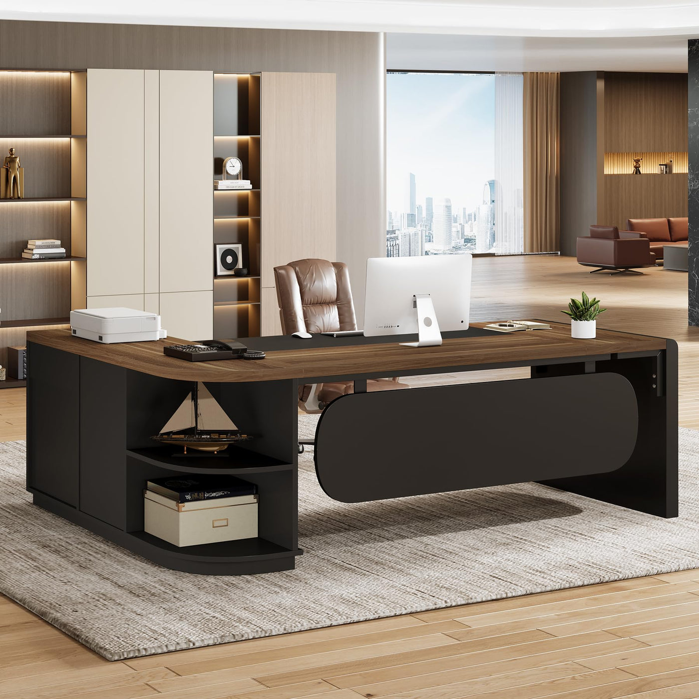80" L-Shaped Executive Desk with Storage Cabinet