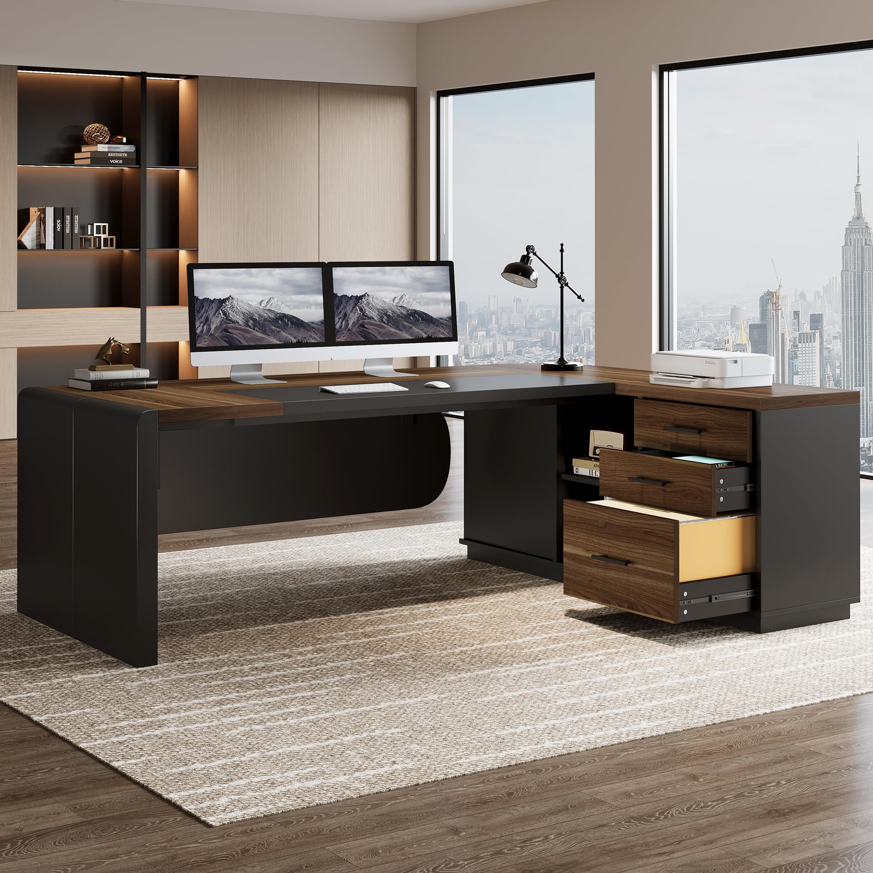 80" L-Shaped Executive Desk with Storage Cabinet