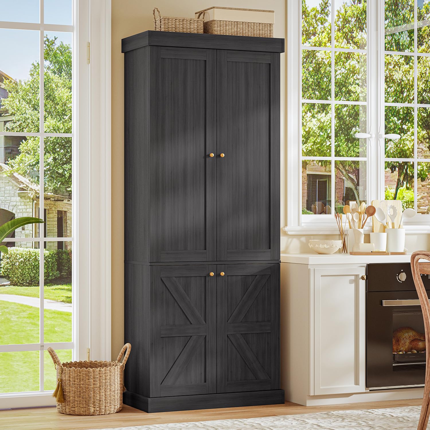 70.8" Farmhouse Bookcase with Glass Doors