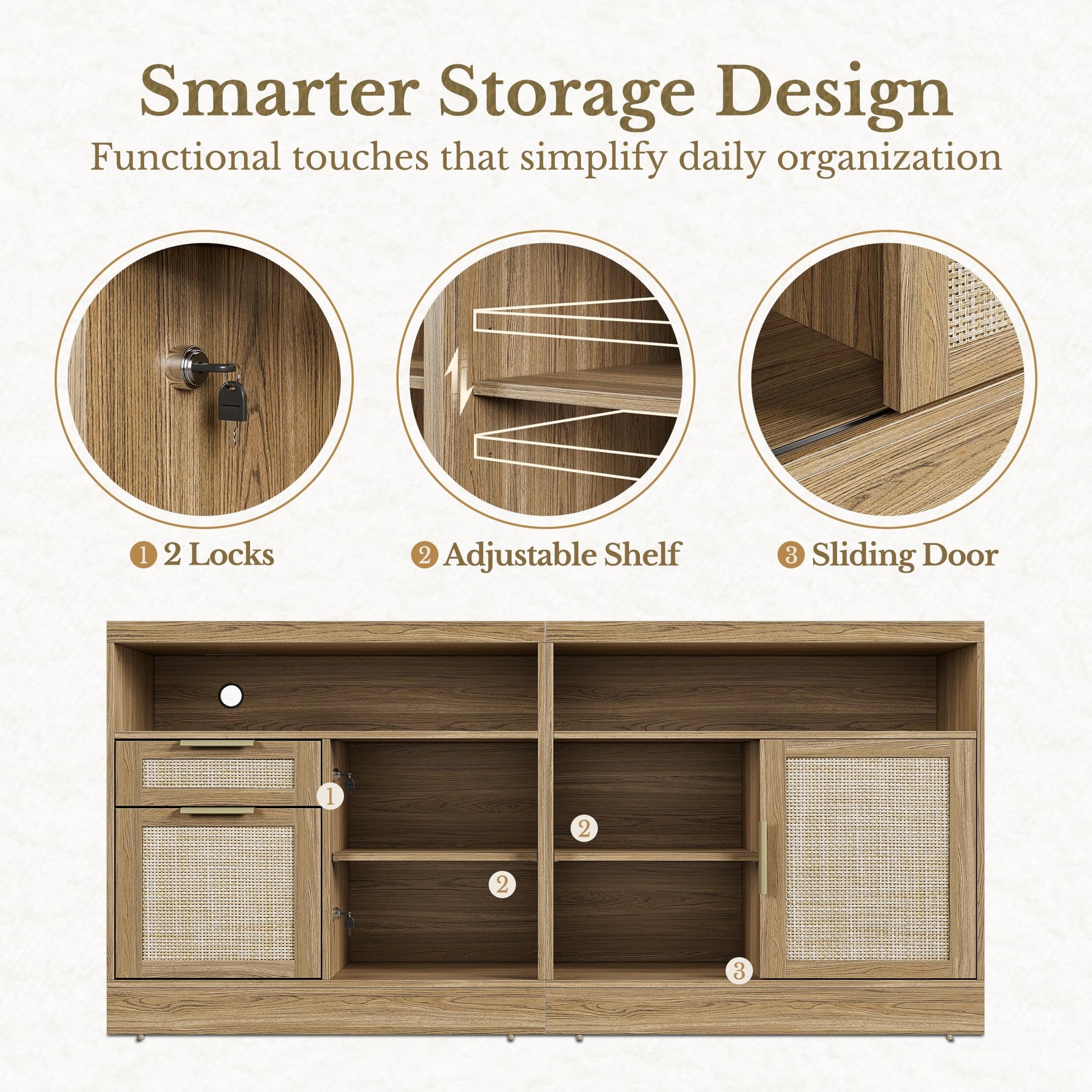 Perledesign 63'' Wood 2 Drawer Lateral File Cabinet with Lock, Fluted Filing Cabinet for Home Office with AC/USB, Adjustable Storage Shelves, Fits for Letter and A4 Size