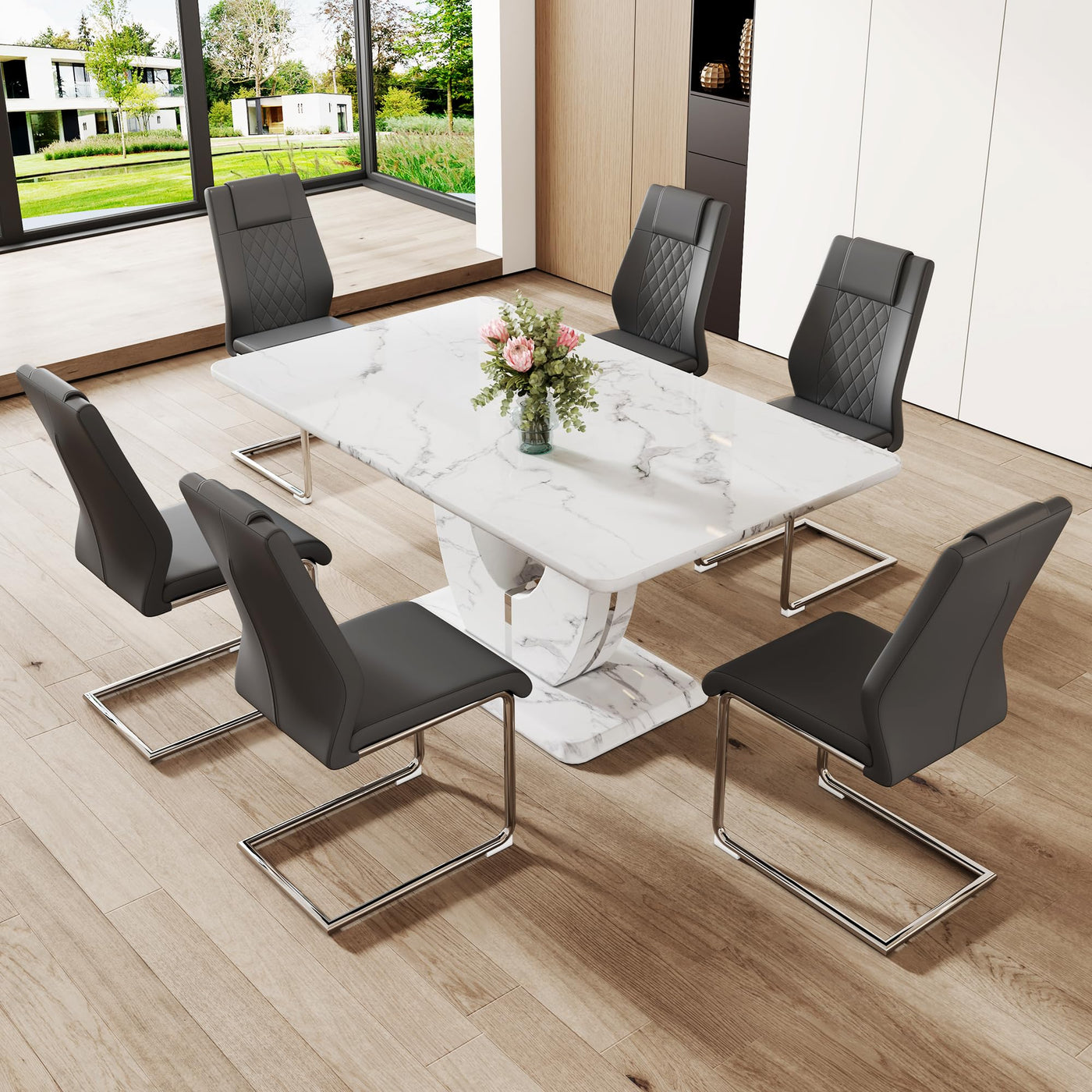 7-Piece Dining Table Set with Faux Marble Table & 6 Chairs