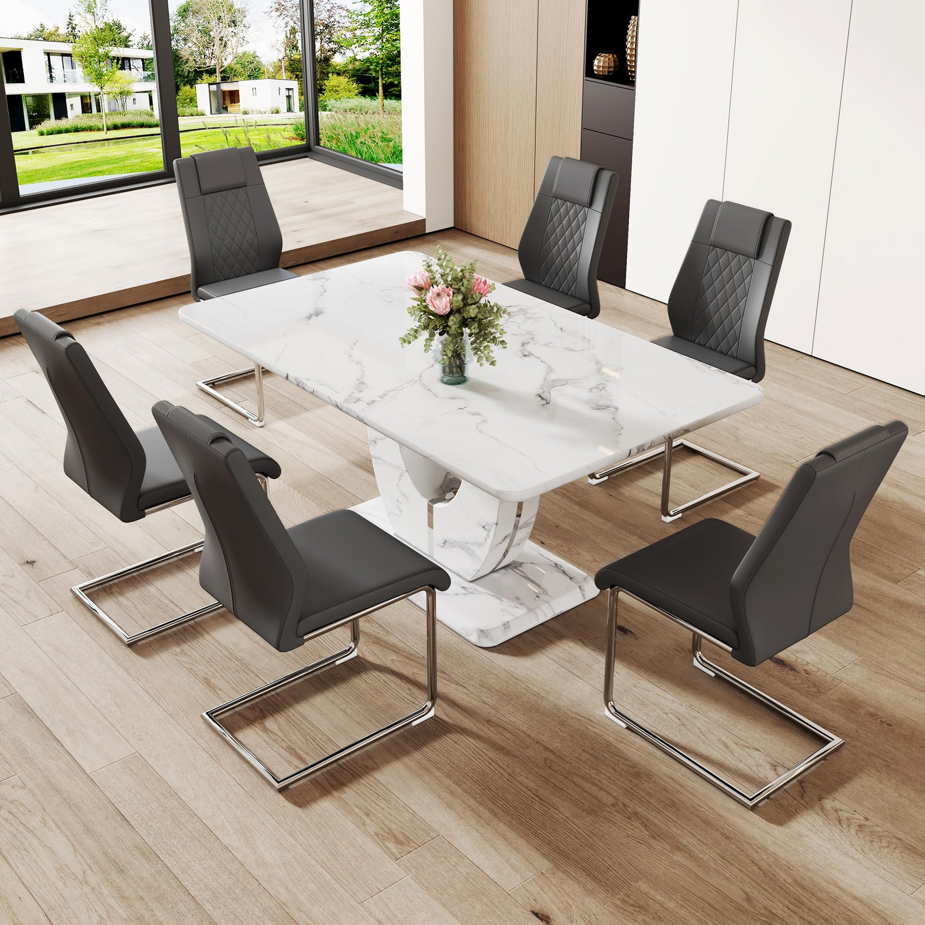 7-Piece Dining Table Set with Faux Marble Table & 6 Chairs