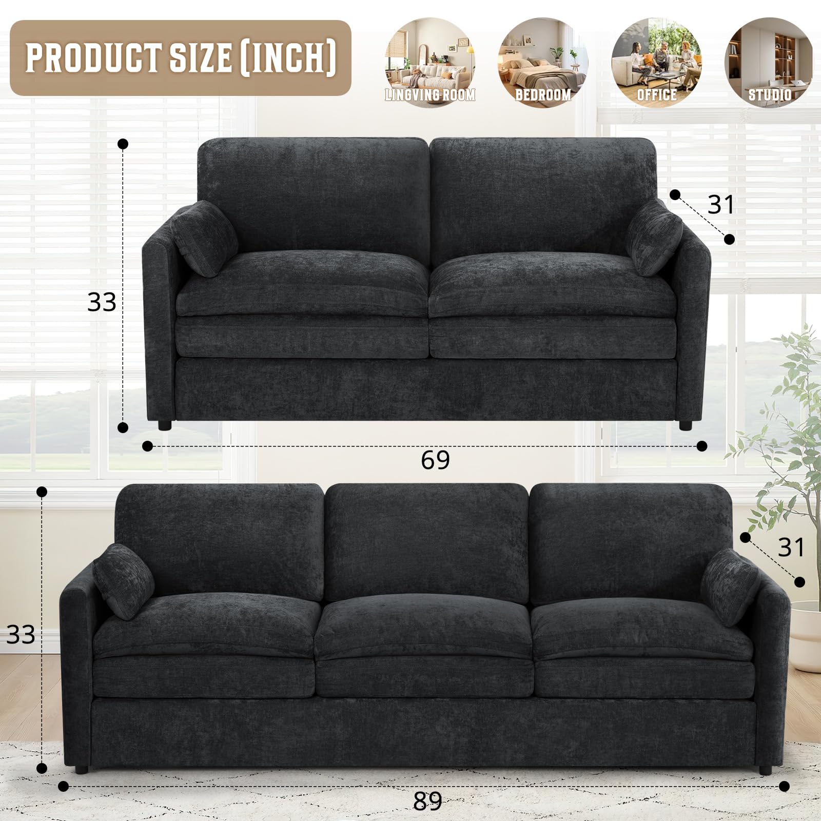 Lesofair Chenille Sofa Set with Thicker Cushions