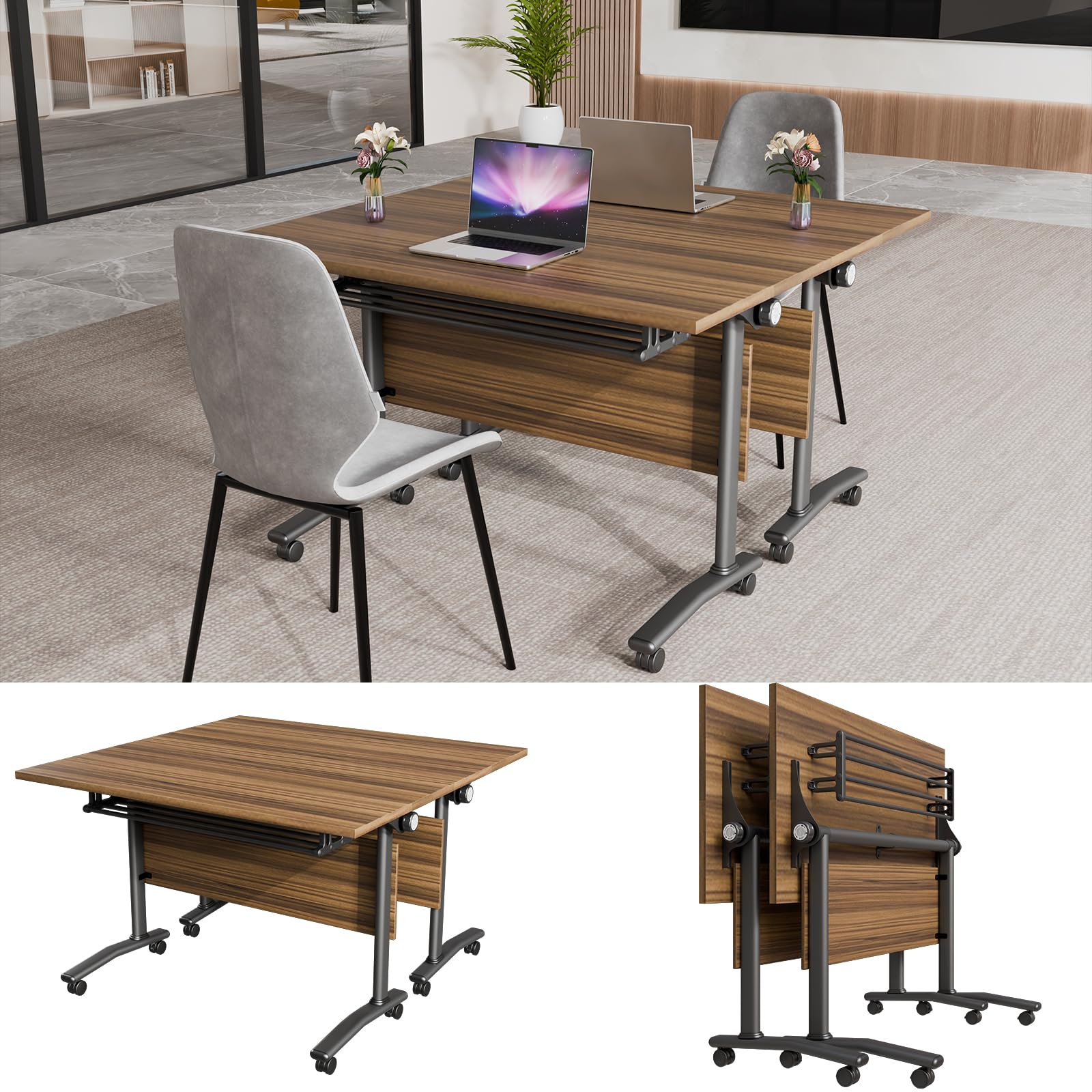 Mobile Folding Conference Table with Flip Top