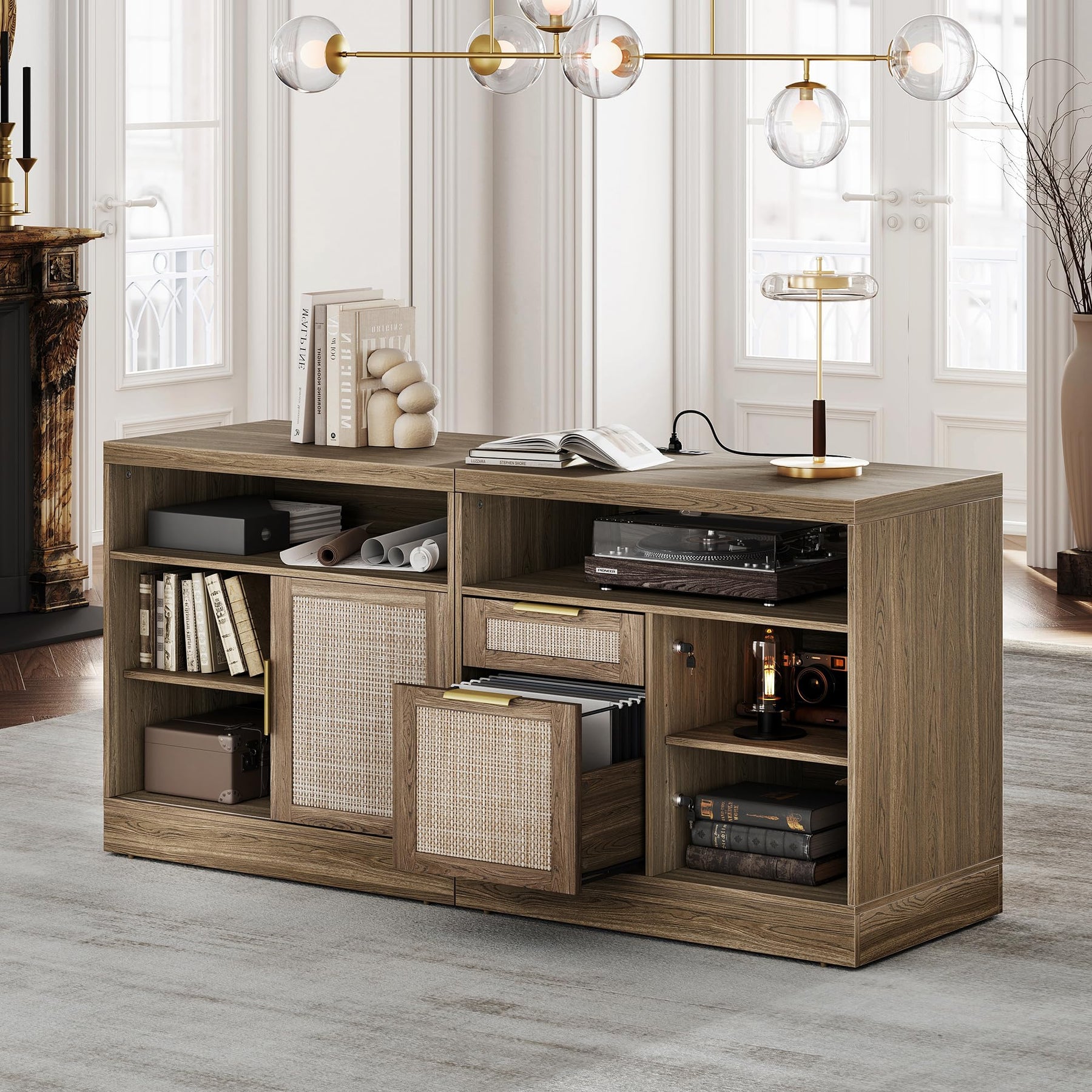 Perledesign 63'' Wood 2 Drawer Lateral File Cabinet with Lock, Fluted Filing Cabinet for Home Office with AC/USB, Adjustable Storage Shelves, Fits for Letter and A4 Size