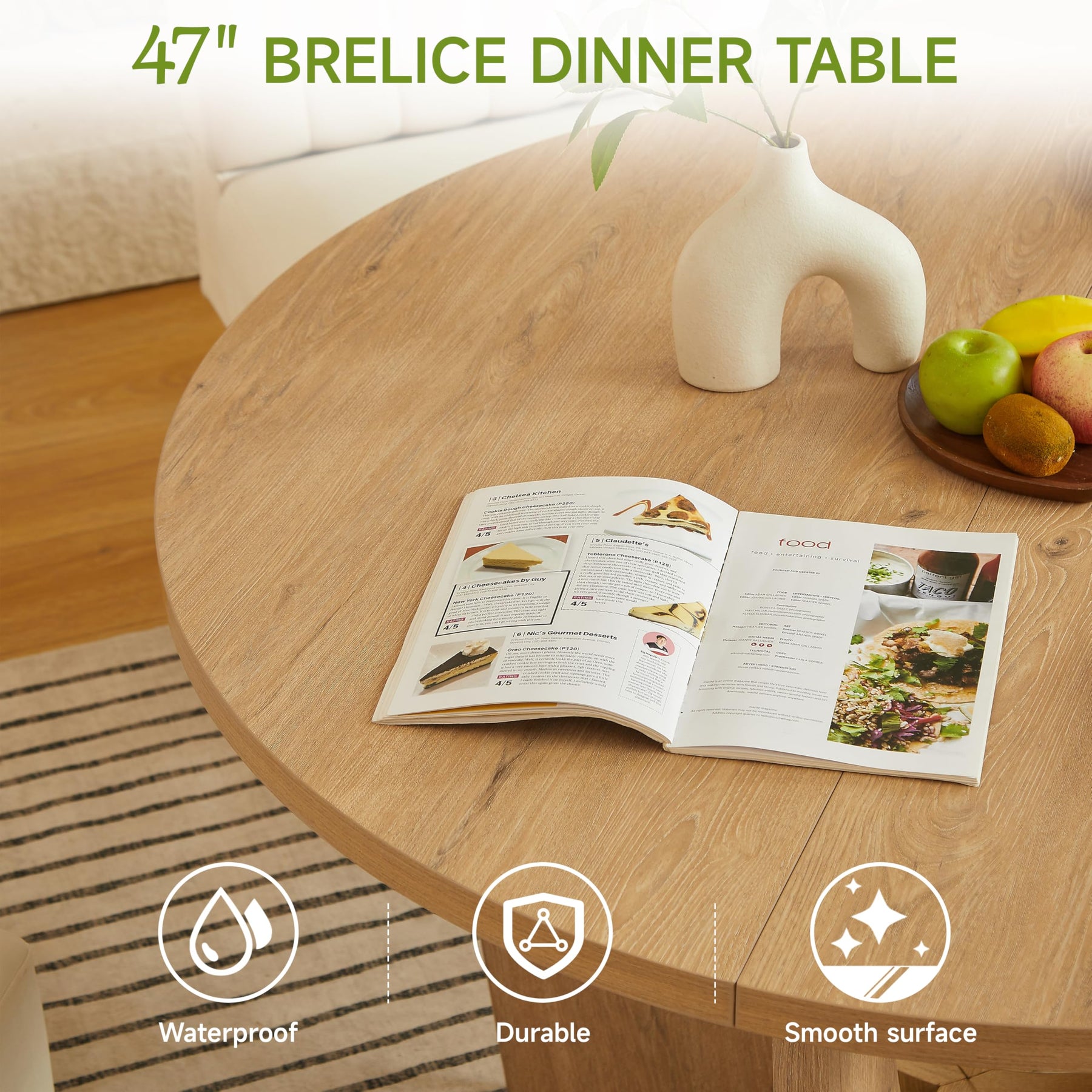 47" Round Farmhouse Dining Table Set for 4