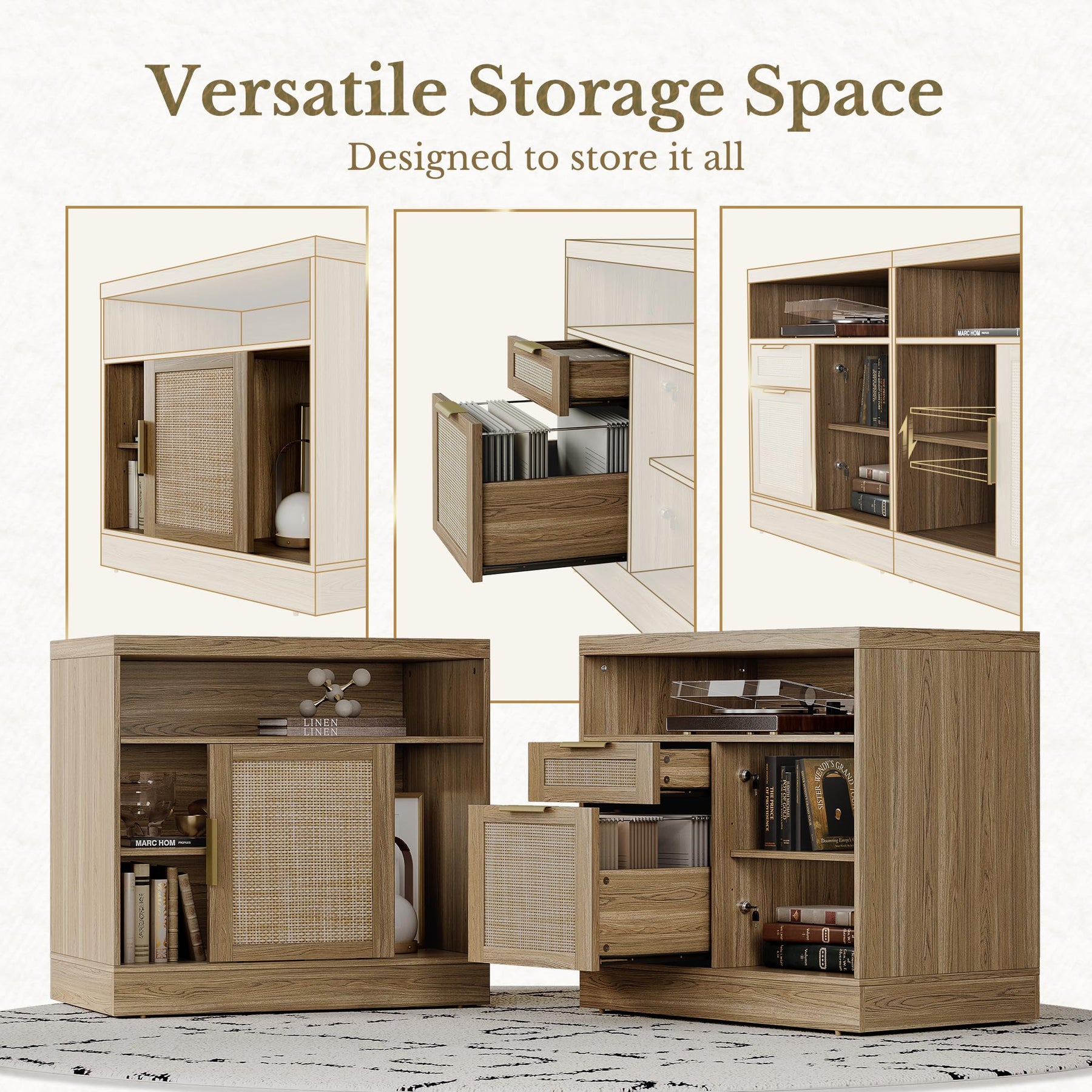 Perledesign 63'' Wood 2 Drawer Lateral File Cabinet with Lock, Fluted Filing Cabinet for Home Office with AC/USB, Adjustable Storage Shelves, Fits for Letter and A4 Size